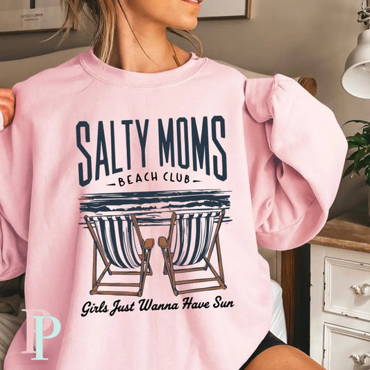 Salty Moms Beach Club Crewneck Sweatshirt Pink / Small
