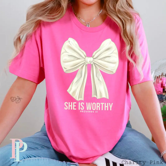She Is Worthy Large Bow DTF Transfer