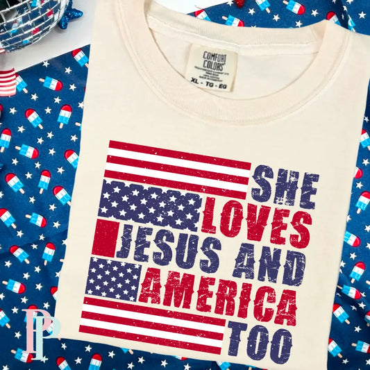 She Loves Jesus And America Too Bracelet Comfort Color Graphic Tee