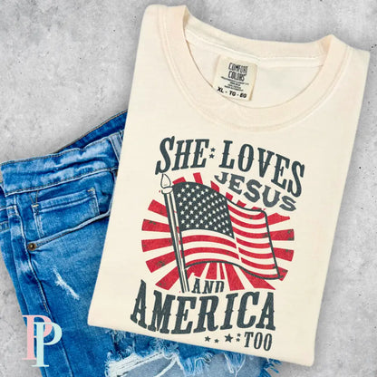 She Loves Jesus And America Too V2 Comfort Color Graphic Tee