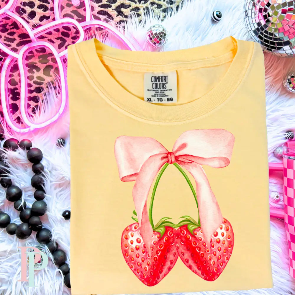 Strawberry Coquette Bow Comfort Color Graphic Tee