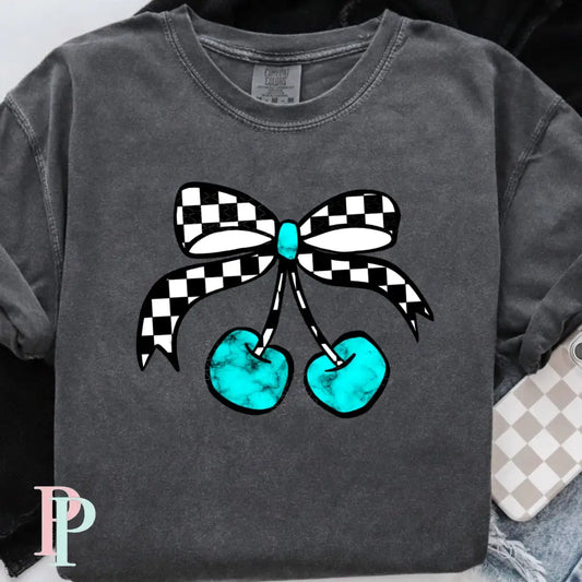 Turquoise Cherries Checkered Bow DTF Transfer