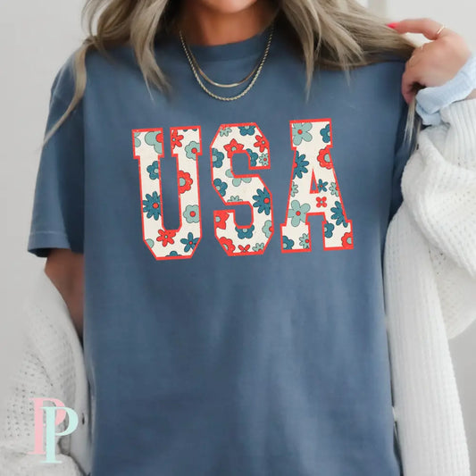 USA Floral Comfort Color Graphic Tee